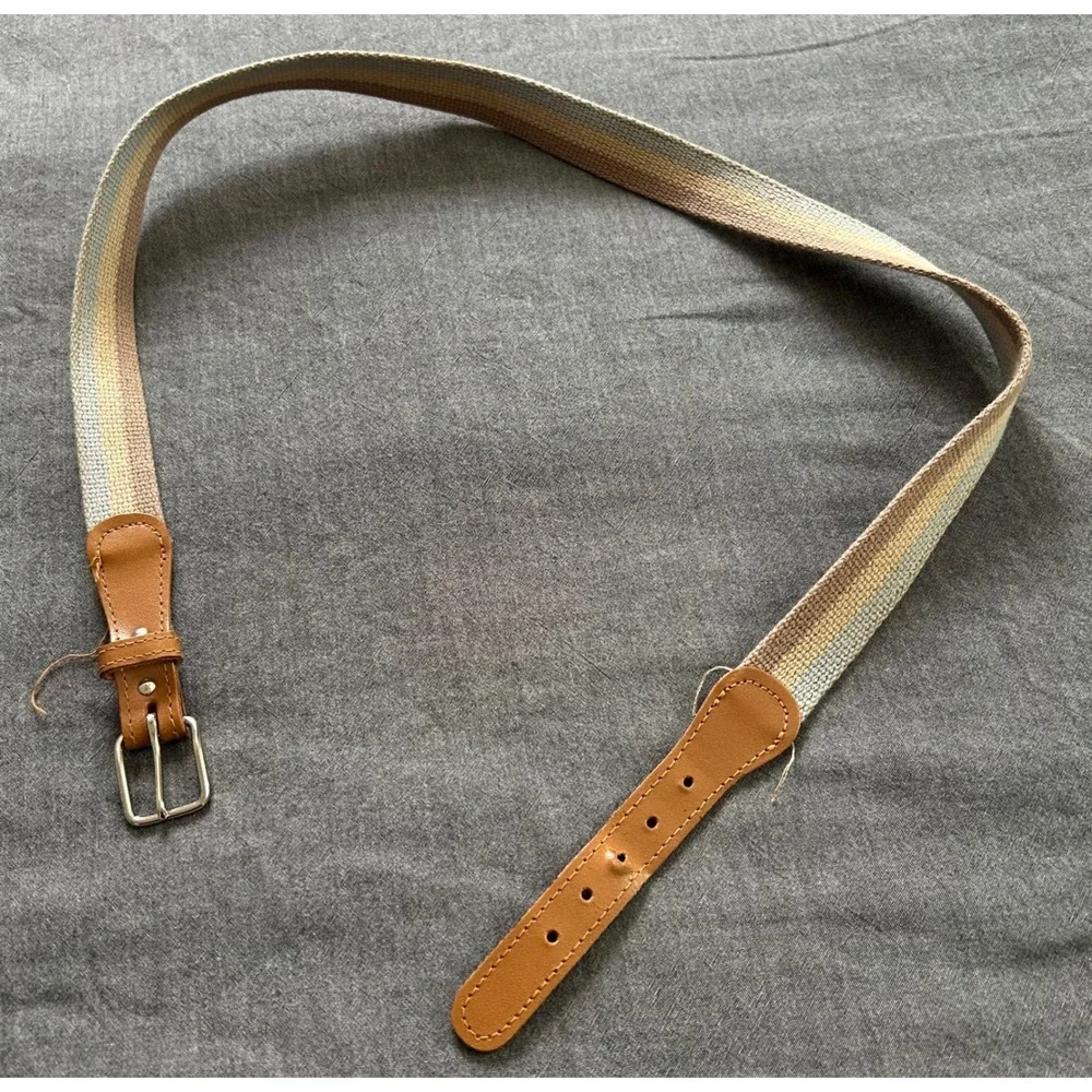 Vintage Striped Woven Belt Brown Faux Leather Trim Silver Buckle Size 34